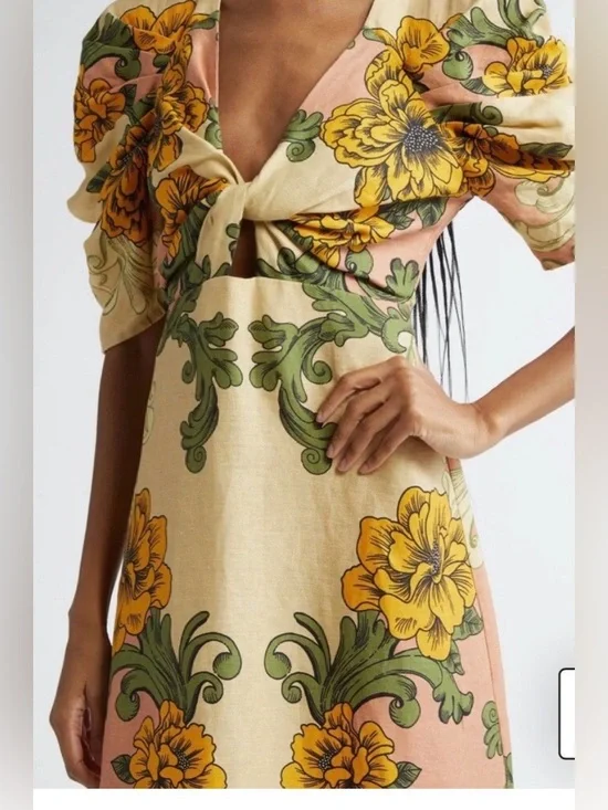 FARM Rio Delicate Flower Arabesques Linen Midi Dress- - Picture 1 of 9